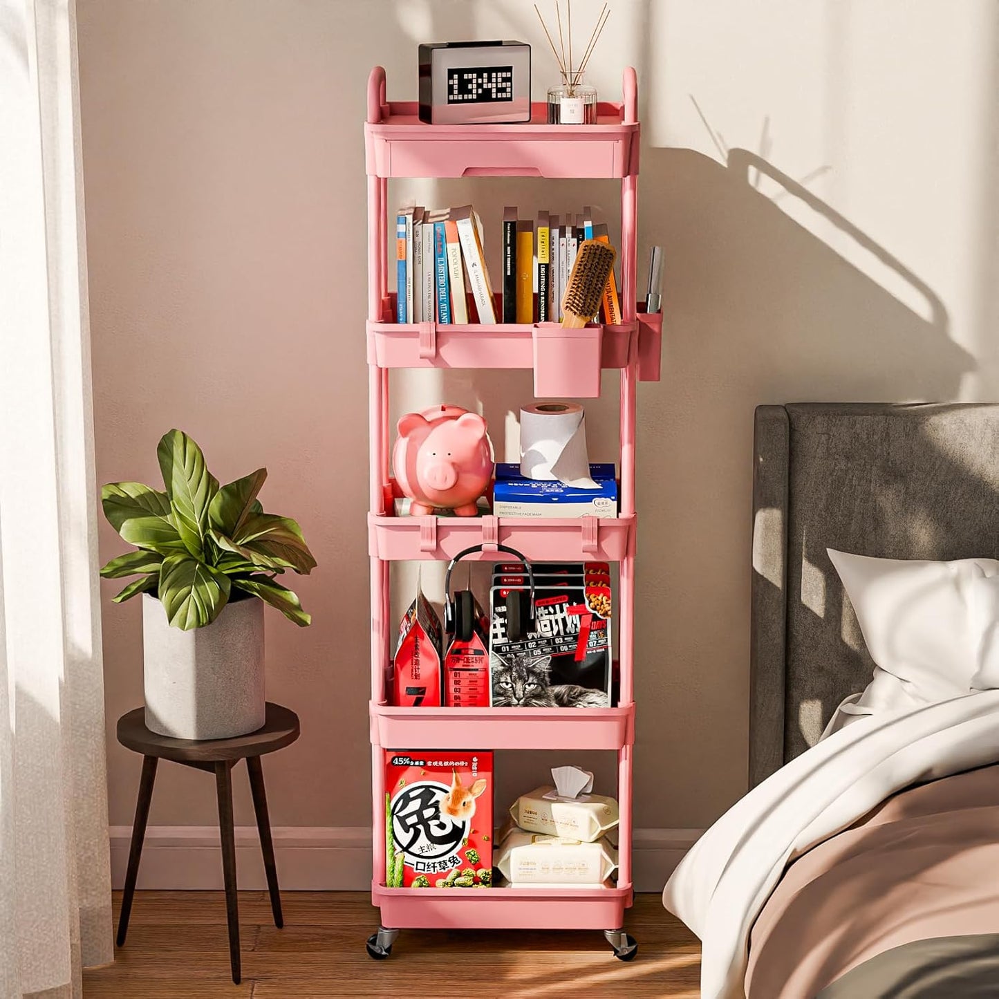 5 Tier Rolling Cart Organizer,Bathroom Cart Organizers with Wheels Laundry Room Organization Mobile Shelving Unit Utility Cart Storage Shelves Multi-Functional for Office, Home(Pink)