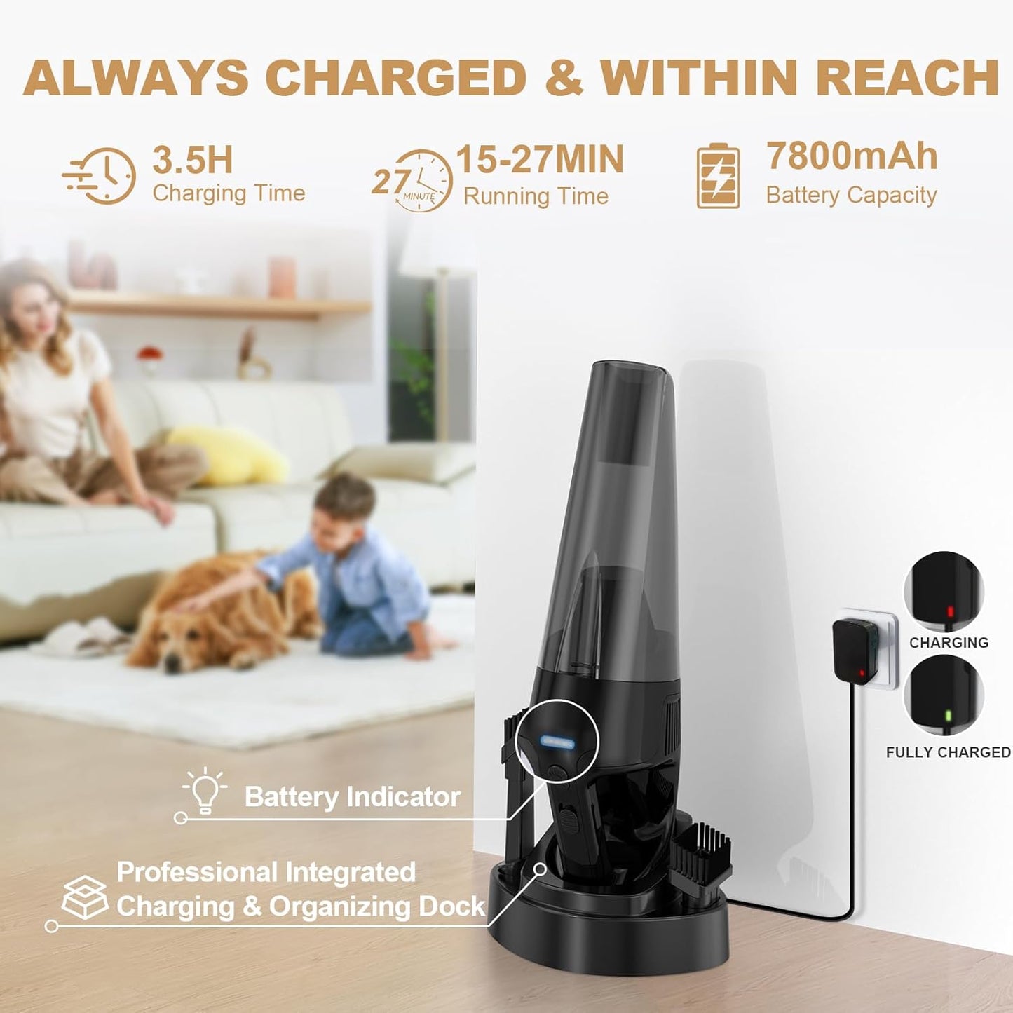 Handheld Vacuum Cordless Rechargeable with Charging Dock - 16000Pa Ultra-Strong Suction, Portable & Lightweight, Fast Charging, LED Light, 0.8L Super-Large Dust Cup, Long Battery Life for Home