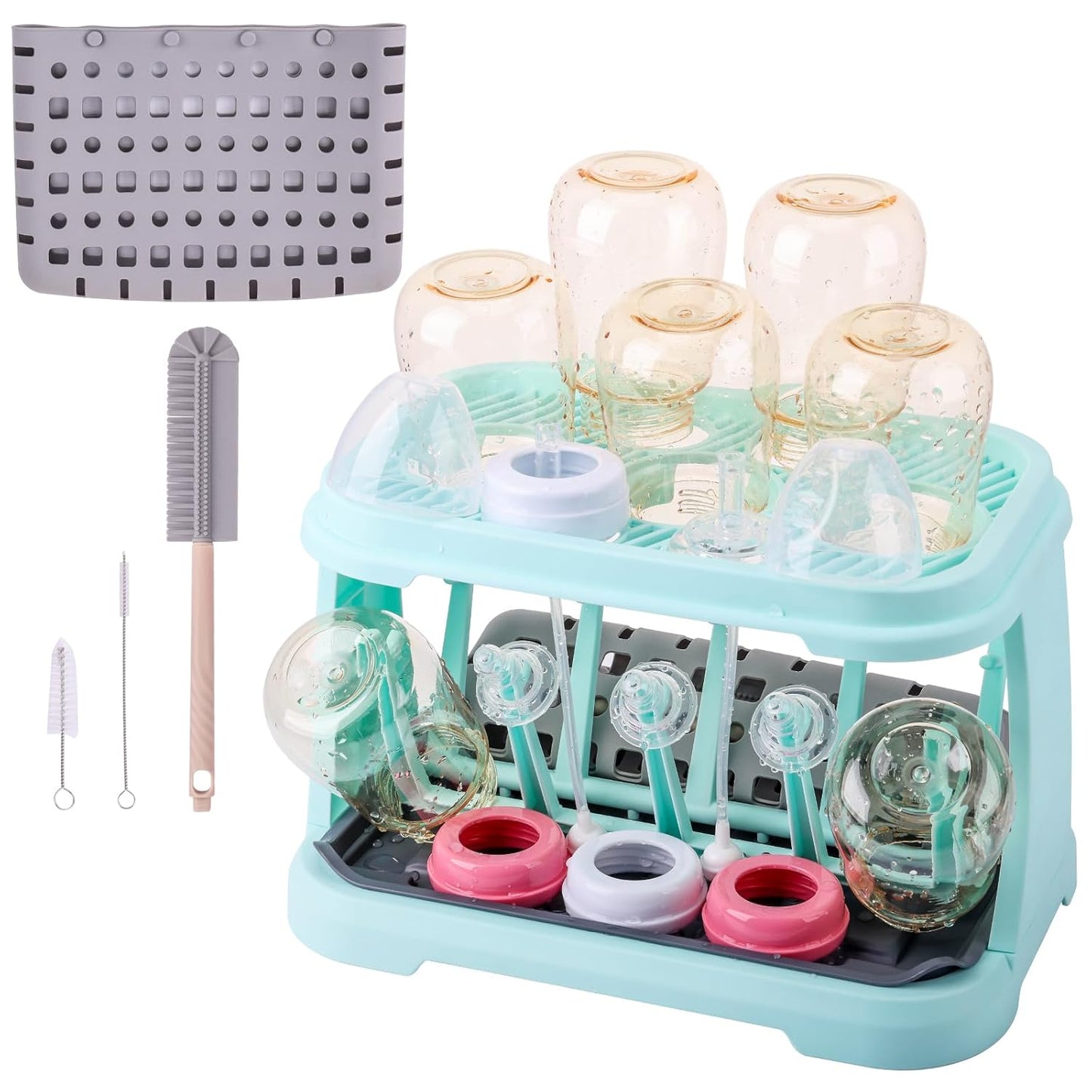 Baby Bottle Drying Rack:Space Saving Standing Drying Rack for Baby Bottles and Pump Part Cleaning,be Equipped with Bottle Brush (Blue)