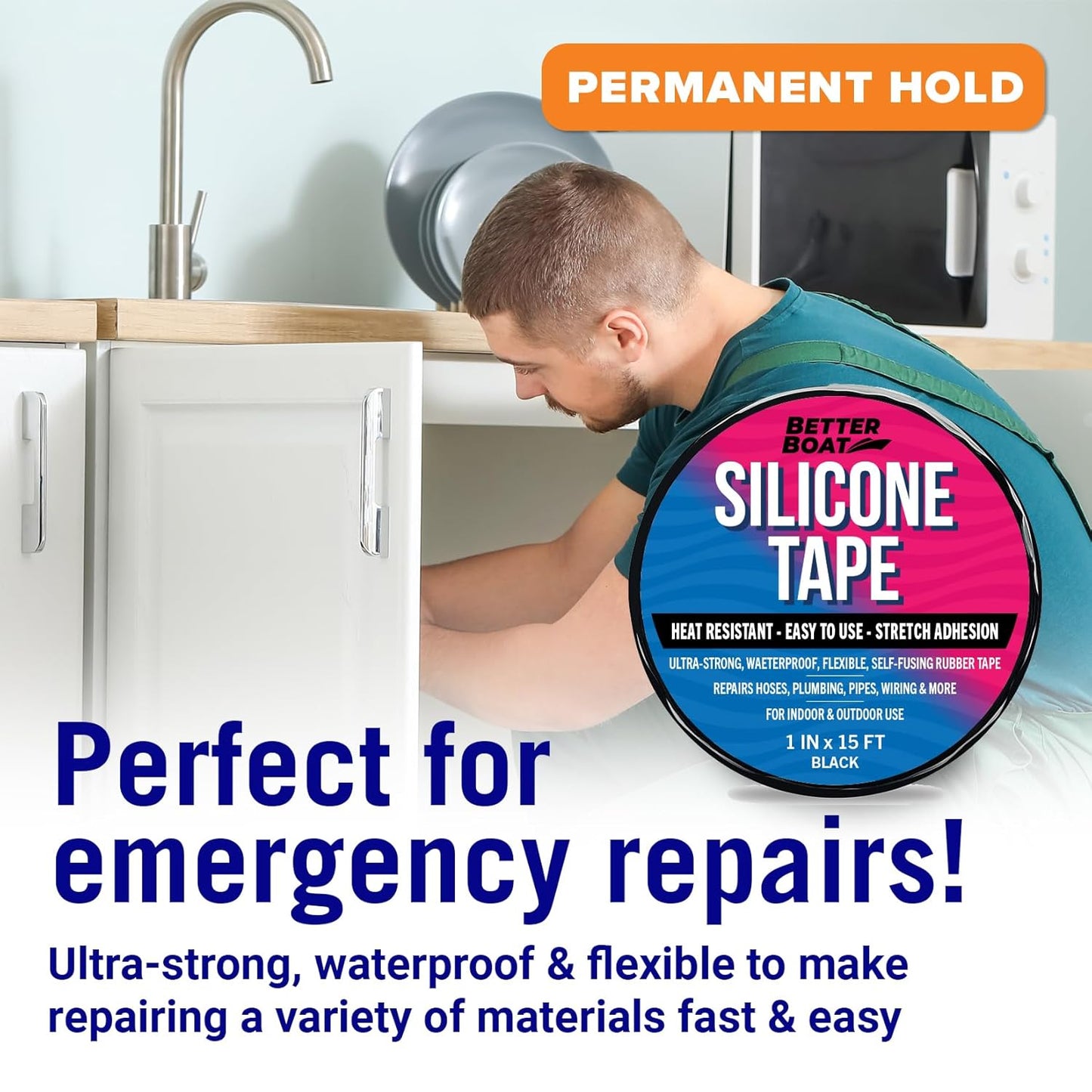 Black Heavy Duty Silicone Tape, Self-Fusing Rubber Hose and Plumbing Water Pipe Repair Seal, Coax Electrical or Waterproof Tape for Leaks, 15ft