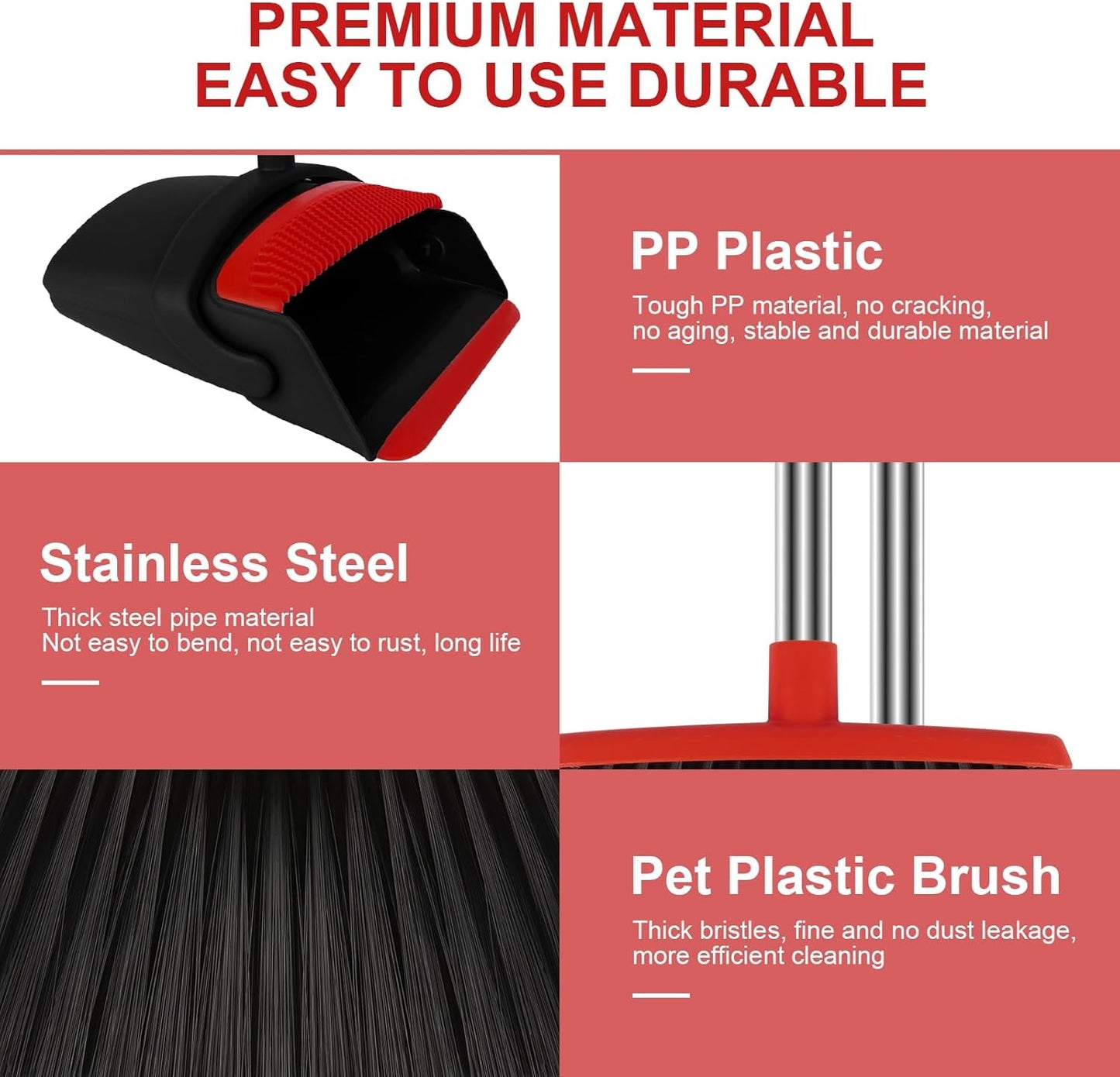 Broom and Dustpan Set for Household, Red Broom with Dustpan Combo Set, 51" Long Handle Dust pan Set for Dog Cat and Hair Clean