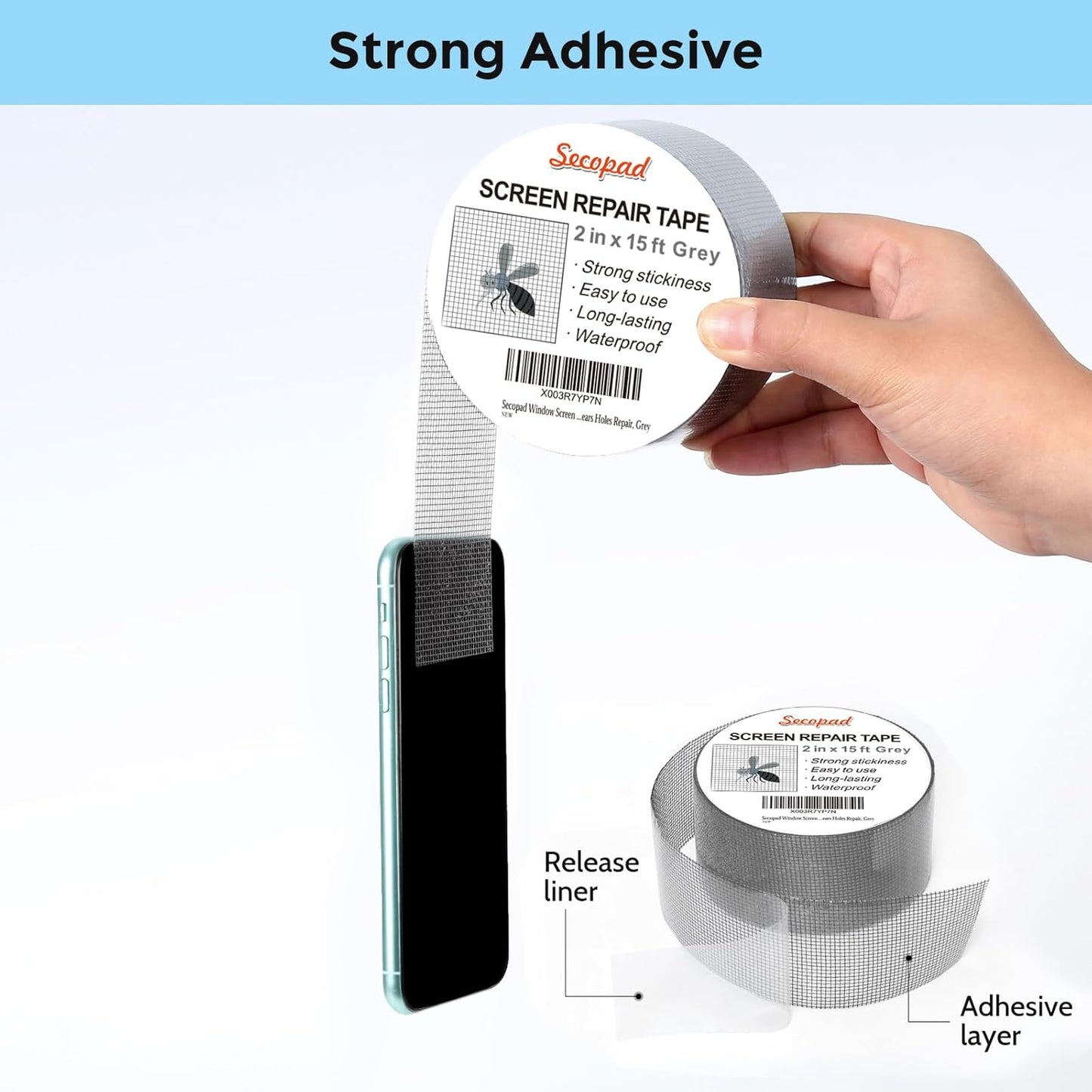 Grey Window Screen Repair Tape, 2IN X 15FT (180IN) Screen Repair Kit for Windows or Doors, Strong Adhesive Patch Kit Fiberglass Mesh Tape