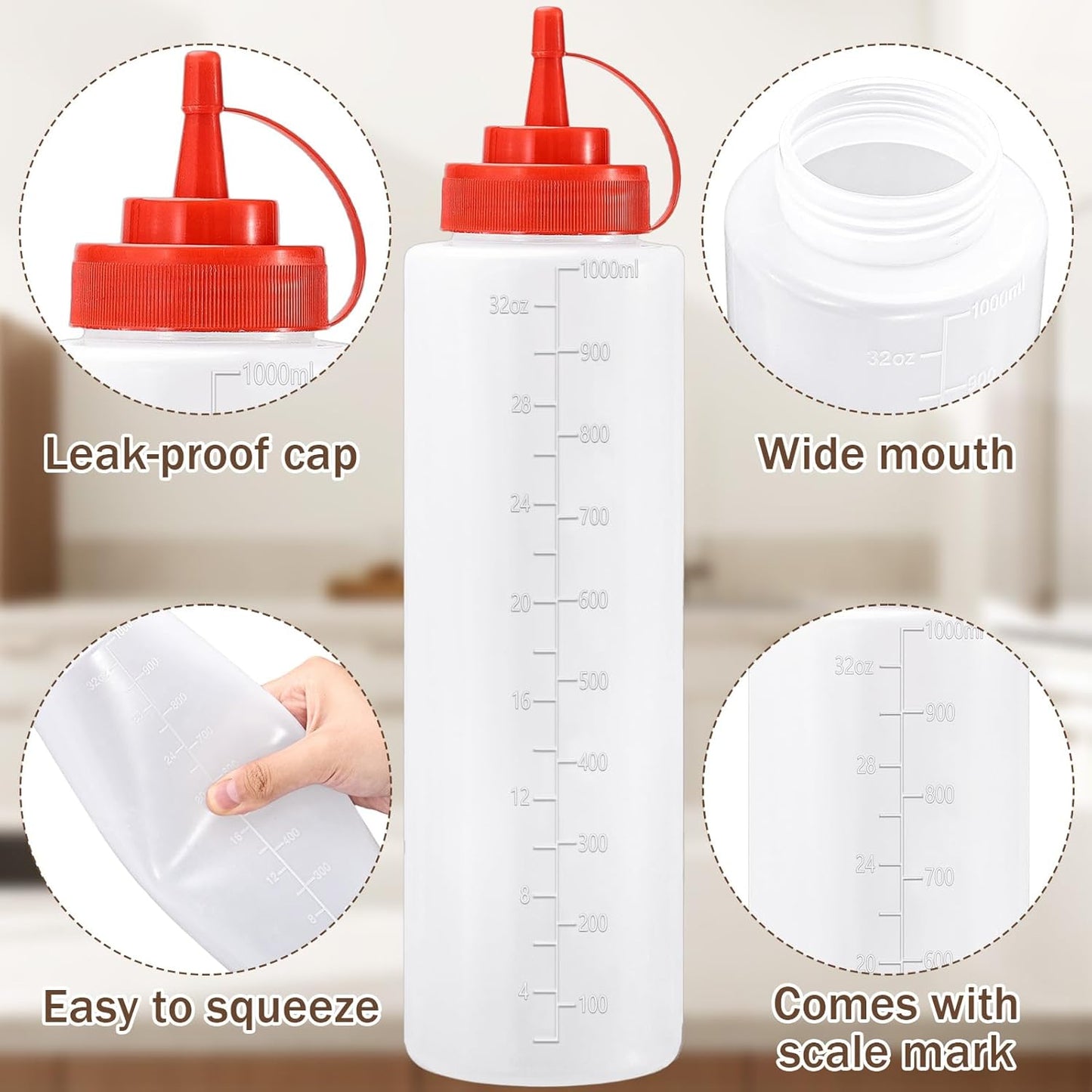 Condiment Squeeze Bottles Ketchup Dispenser, 4 Pack 32oz Squeeze Bottles for Liquids, Plastic Sauce Bottle with Cap Lid, Squirt Bottles for Sauces Liquids BBQ Dressing Pancake Art