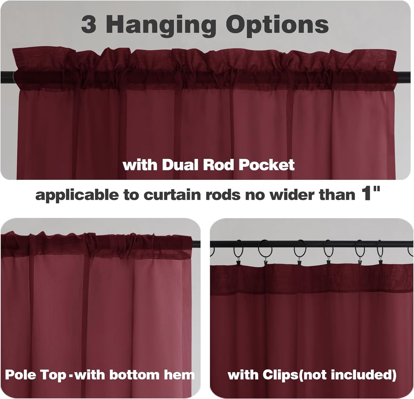 Chyhomenyc Burgundy Sheer Curtains 78 Inches Long 2 Panels Set for Living Room, Light Filtering Voile Lightweight Bedroom Curtains, Rod Pocket Solid Window Treatment Drapes, Each 42W x 78L
