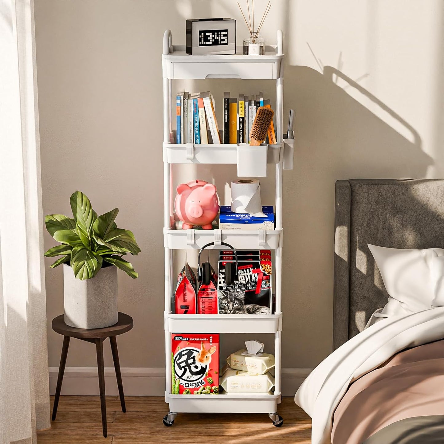 5 Tier Rolling Cart Organizer,Bathroom Cart Organizers with Wheels Laundry Room Organization Mobile Shelving Unit Utility Cart Storage Shelves Multi-Functional for Office, Home(White)