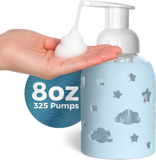 SoCal Suds & Company Glass Foaming Hand Soap Dispenser, Soft Grip Silicone Sleeve, Refillable Pump Bottle for Kids, Baby Wash & Shampoo, Ideal for Home Use, Light Blue 8oz