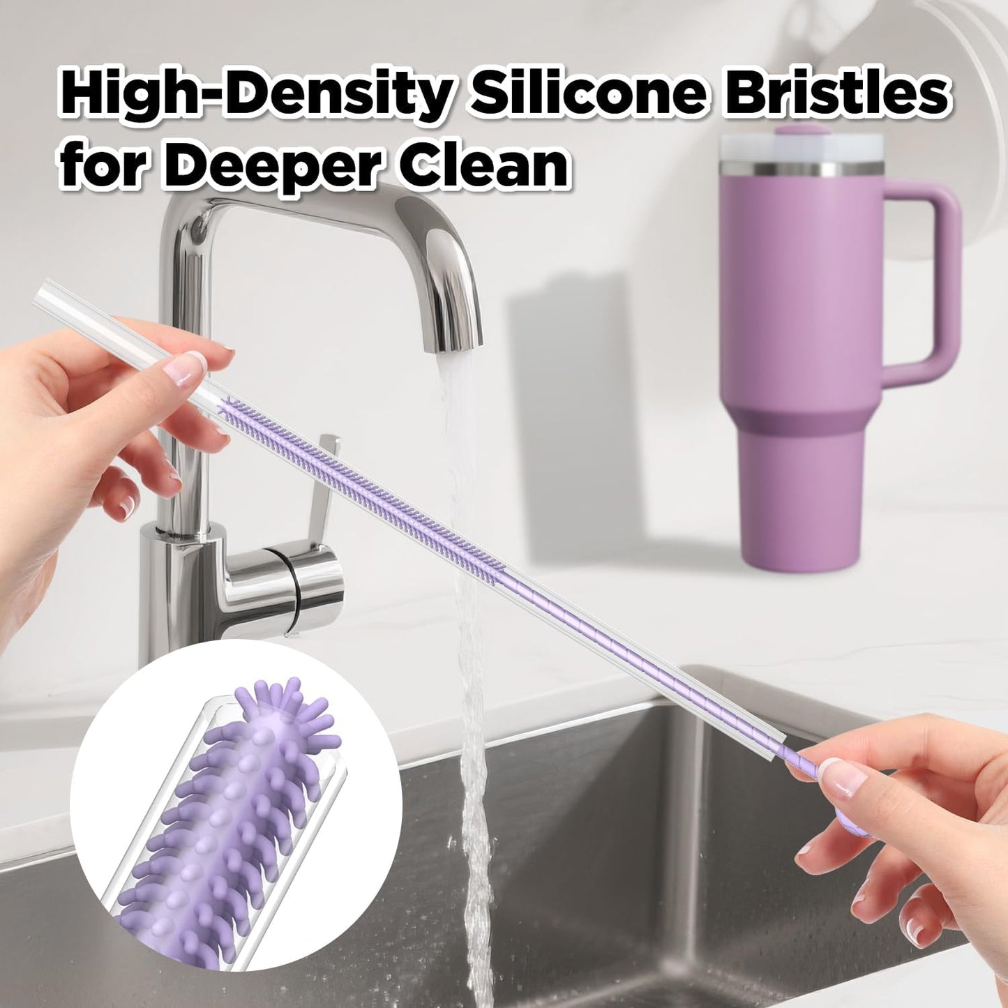 2 Pcs Silicone Straw Cleaner Brush, Extra Long Cleaning Brushes for Straws, 6mm&9mm, Purple