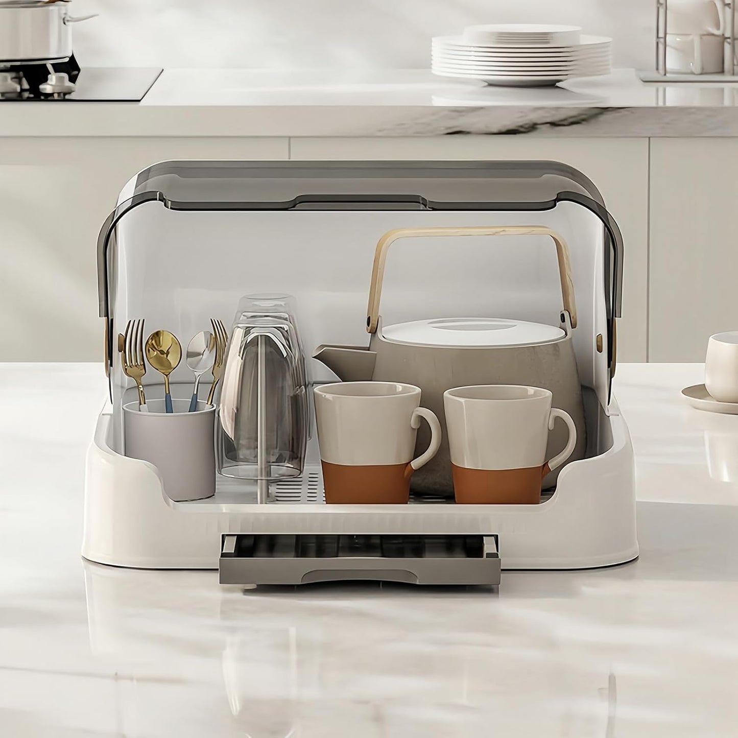 Baby Bottle Drying Rack Storage, Nursing Bottle Storage Box Organizer with Cover, Portable Kitchen Cabinet Organizer, Durable countertop Dryer (Grey)