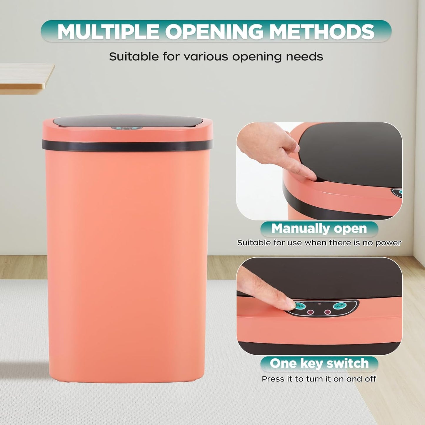 Automatic Motion Sensor Bathroom Trash Can with Lid, 13 Gallon Touchless Trash Bin, Smart Dog Proof Garbage Can, Touch Free Waste Basket for Toilet, Office, Bedroom,Pink