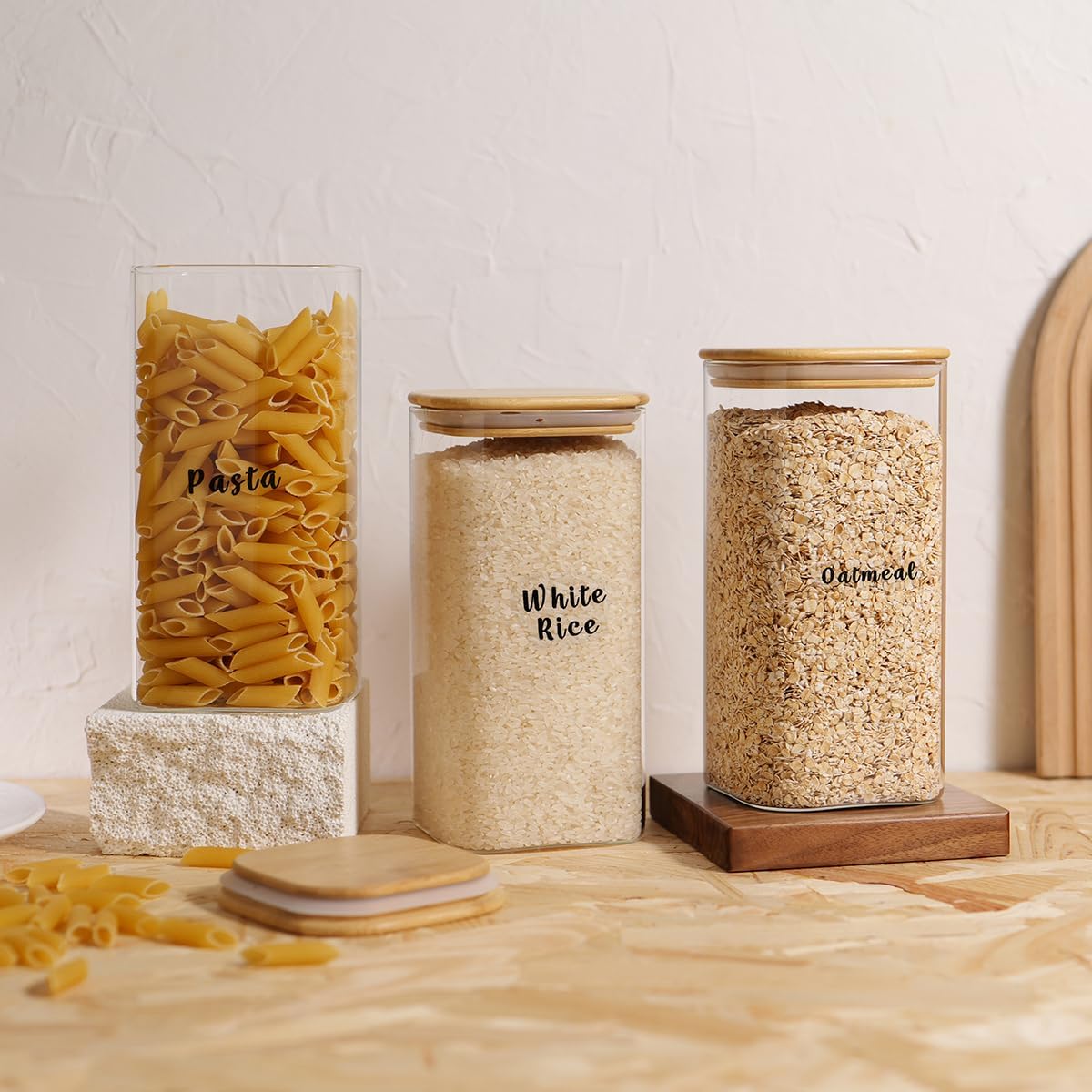 3 Pcs Square Glass Pantry Storage Containers with Bamboo Airtight Lid and 248 Clear Pantry Labels Preprinted - 52oz Thicken Glass Food Storage Jars for Coffee, Cookie, Tea, Sugar, Spice