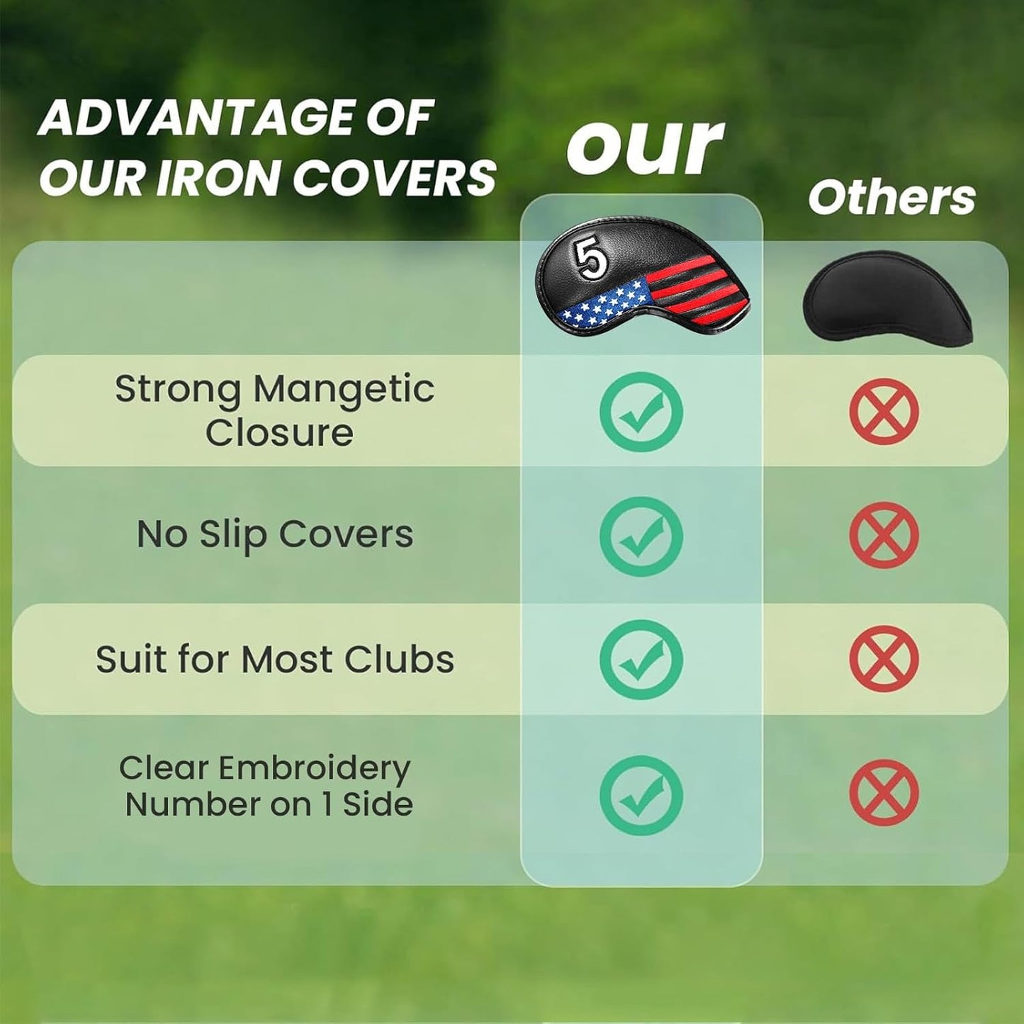 FINGER TEN Golf Club Covers for Irons Magnetic Value 11 Pack, Synthetic Leather Deluxe Head Cover Set Headcovers for Irons Fit Main Iron Clubs