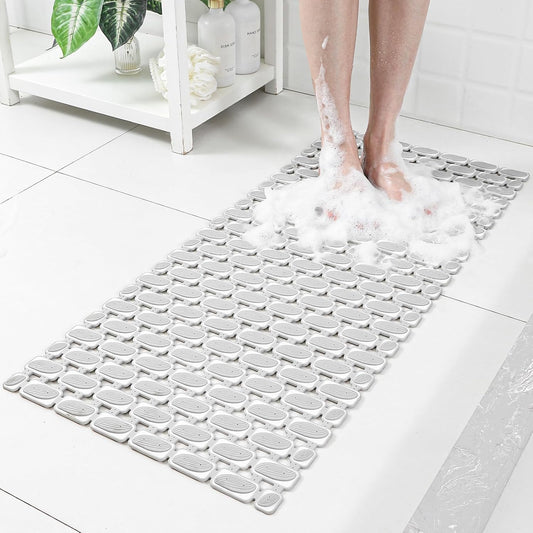 Shower Mat Non Slip Bathtub Mat - 36 x 16 Inch Eco-Friendly Soft Bath Mat for Tub Non Slip Shower Mats for Inside Shower with Suction Cups and Drain Holes, Easy to Clean Quick-Drying, Grey