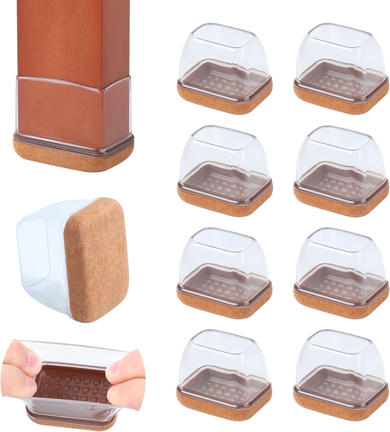 Ezprotekt 8 Pcs Rectangle Clear Silicone Chair Leg Floor Protectors, Rectangle Felt Felt Furniture Pads Caps Covers for Chair Table Desk, Anti- Scratches and No Noise (Fit L :1.3-1.7", W: 0.6-0.9")