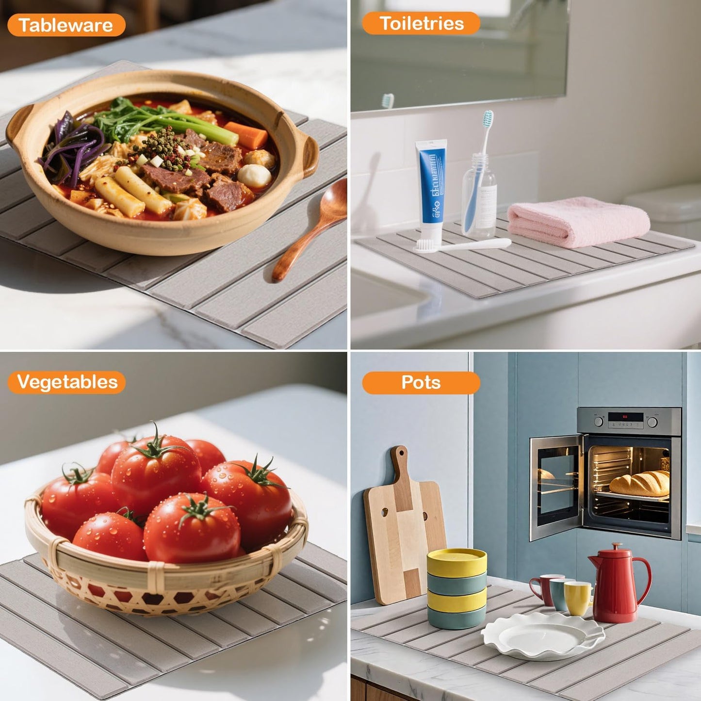 Foldable Stone Dish Drying Mat Fast Dry and Quickly Absorbed Collapsible Drying Mat, Protection Kitchen Counter，Kitchen Dishes Bottles Cups Match Any Countertop 23" x 16"