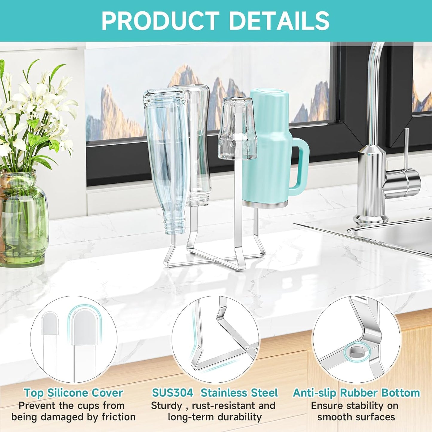 Bottle Drying Rack Reusable Drying Holder for Bottles Stainless Steel Foldable Water Bottle Dryer Rack Space Saving Baby Bottle Drying Rack Kitchen Stand Holder for Plastic Bags, Bottles and Cups