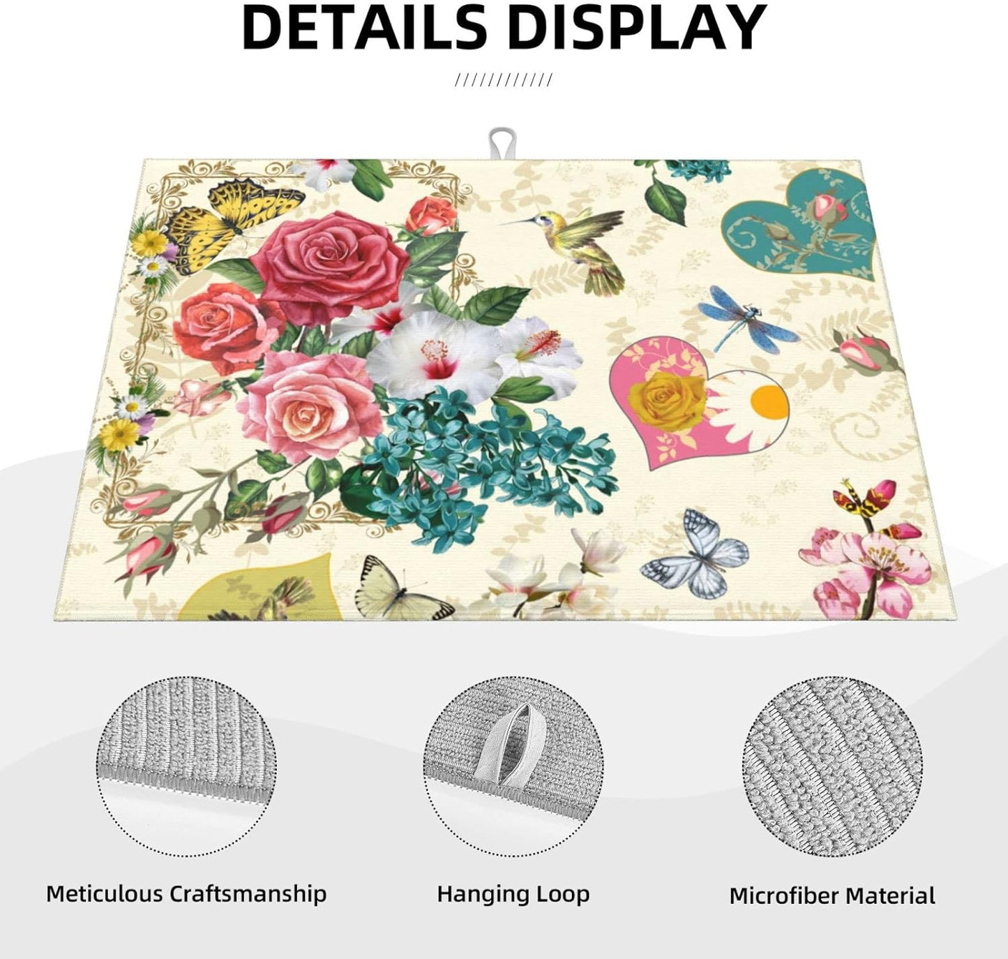 Dish Drying Mat For Kitchen Counter Absorbent Dish Mat Reversible Drainer Drying Kitchen Mat (Beautiful Boho Flowers, 24X18)