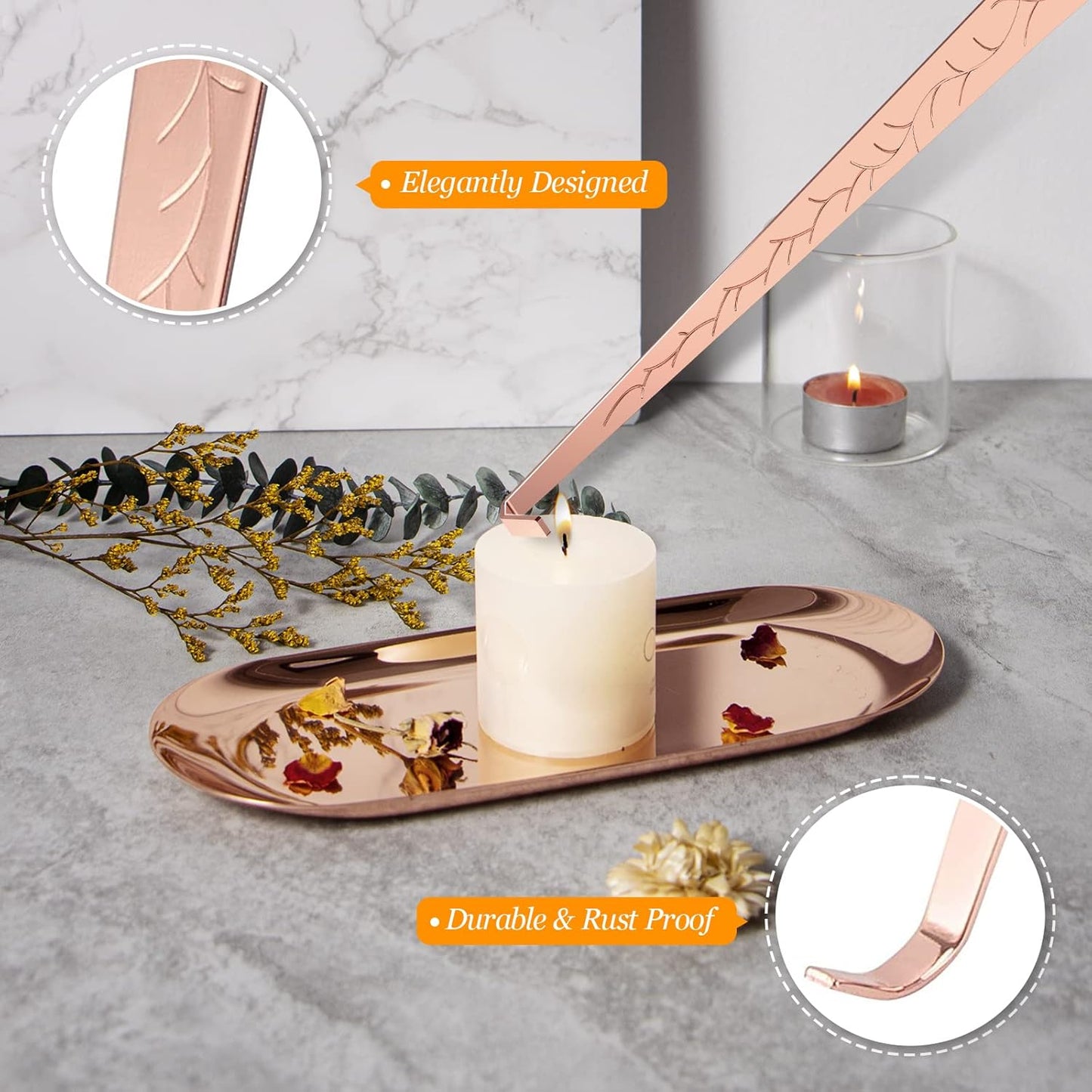 Lsnisni 5Pcs Accessory Set With Rechargeable Electric Lighter, Storage Tray, Wick Trimmer, Snuffer, Dipper, Stainless Steel Care Kit Gift Package for Candle Lover Rose Gold
