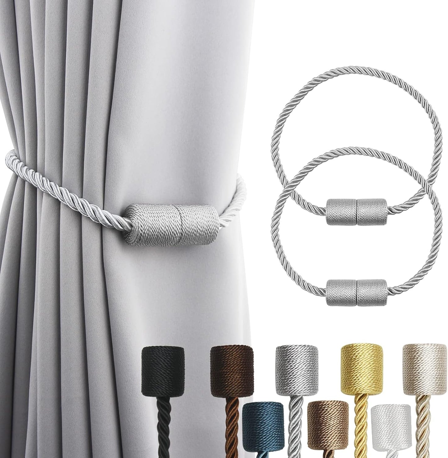 2 Pack Grey Strong Magnetic Curtain Tiebacks Outdoor Elegant Decorative Tie Backs Modern Rope Tiebacks for Drapes Window Curtain Holdbacks for Draperies