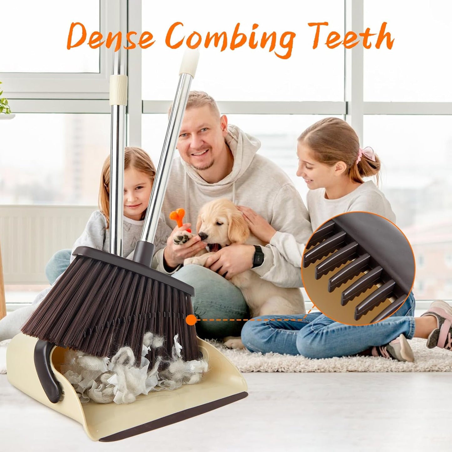 Broom and Dustpan Set, Dustpan Combo with 51" Stainless Steel Long Handle Brooms with 5-Layer Soft Bristles for Home Office Kitchen Bathroom(Beige)