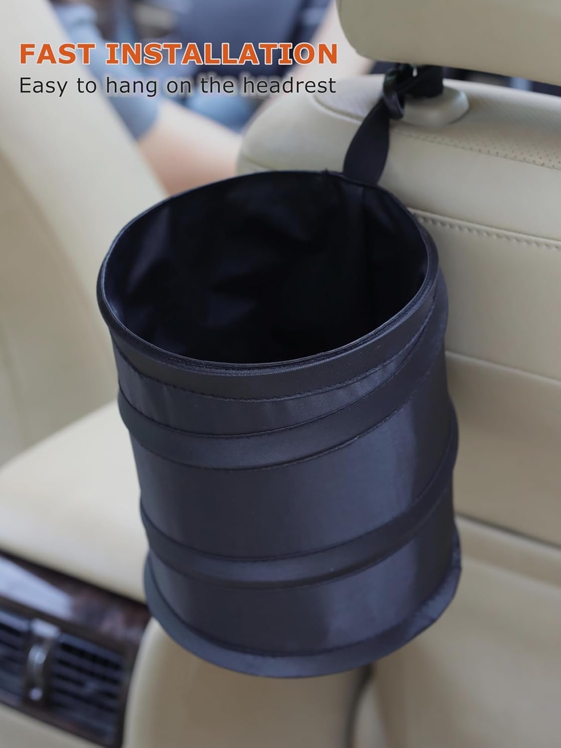 Ginsco 2Packs 1 Gallon New Leakproof Car Trash Can, Mini Trash Can Pop-up Collapsible Hanging Car Trash Bin with Hook and Loop, Waterproof PEVA Liner Open-Top Garbage Can for Cars Home Office