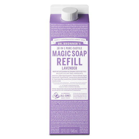 Dr. Bronner's Pure-Castile Liquid Magic Soap Refill - Made with Regenerative Organic Certified Oils, 86% Less Plastic per Quart - 18-in-1 Uses for Face, Body Wash, Hand Soap Refill- Lavender, 32oz