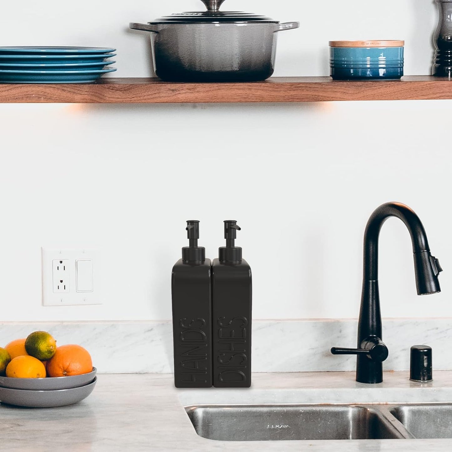 Ceramic Soap Dispenser Set, 2 Pack Kitchen Dispenser with Funnel, Non-Slip Silicone Pads, Liquid Hand and Dish Soap for Kitchen, Bathroom, Matte Black