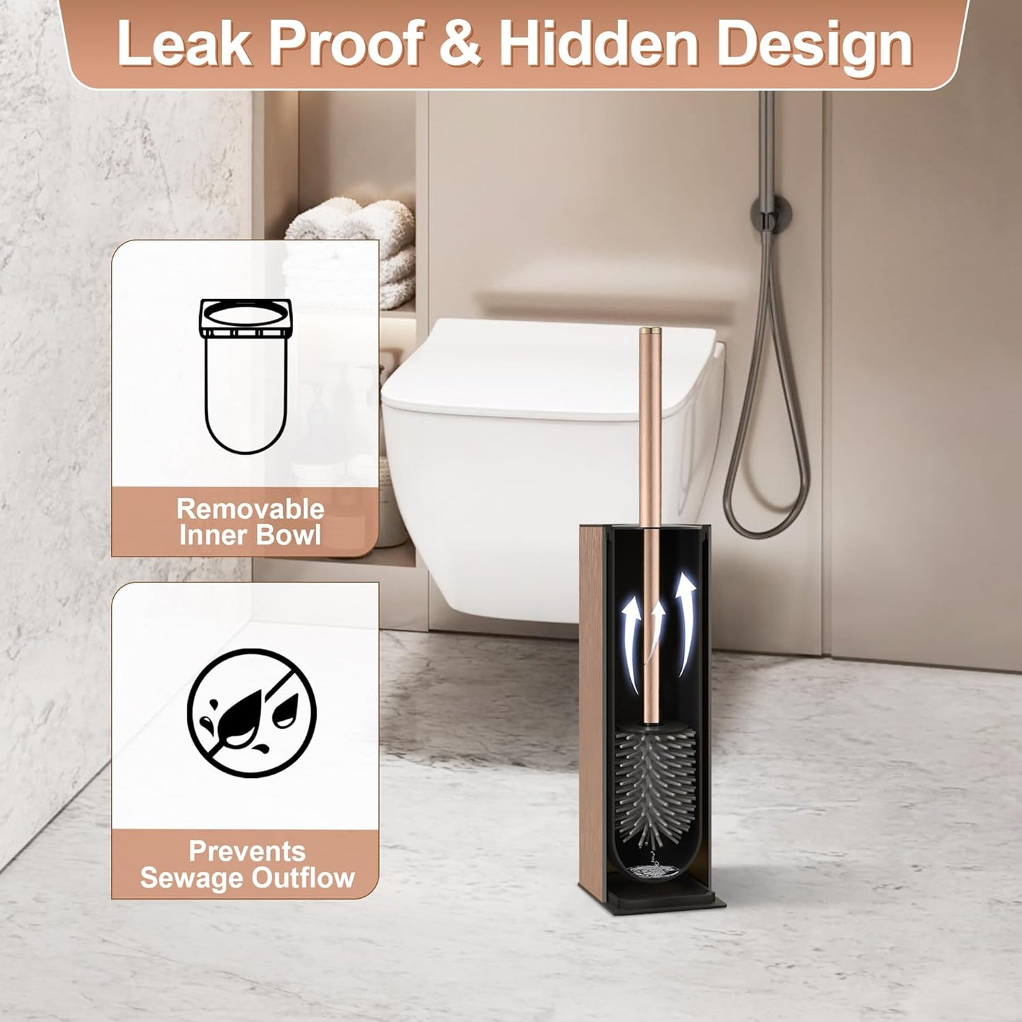 BVL Toilet Brush and Holder Set Rose Gold Freestanding for Bathroom