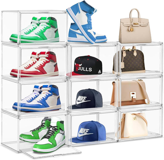10 Pack Acrylic Shoe Storage Box Clear Plastic Stackable Acrylic Display Case with Magnetic Door Sneaker Storage for Sneakerheads Large Hat Shoe Boxes, Fit up to US Size 13