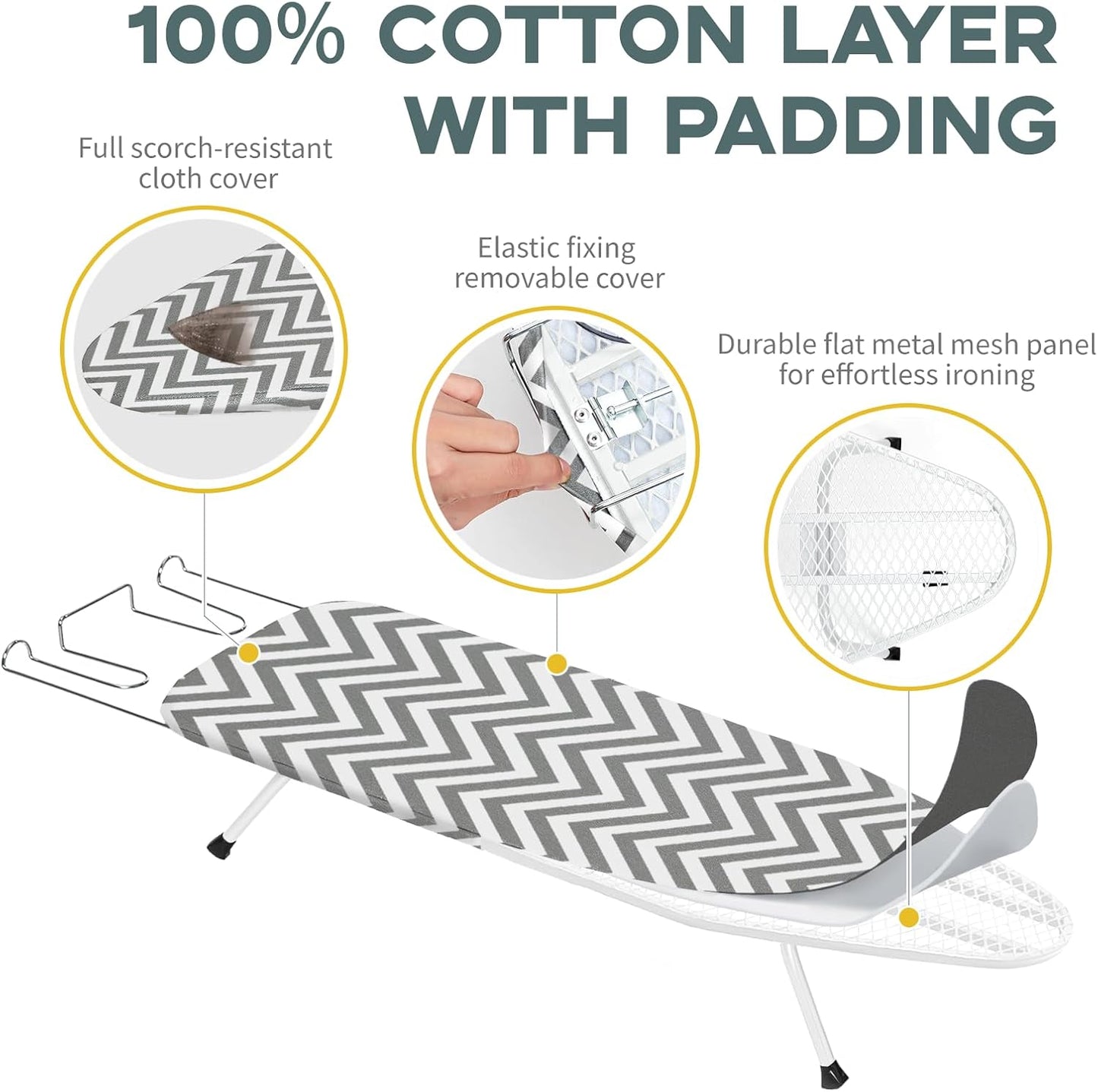 Folding Ironing Board for Small Space, RAINHOL Mini Collapsible Ironing Boards, with Hook, Iron Rest, Heat-Resistant 100% Cotton Cover and Pad, Gray and White Stripes, 31" x 12", Steel Mesh