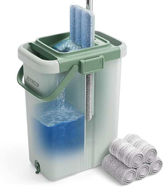 JOYMOOP Mop and Bucket Set - Mops for Floor Cleaning & Wall Cleaner with Long Handle, Include 5 Microfiber Mop Pads - Green Bucket (X-Large)
