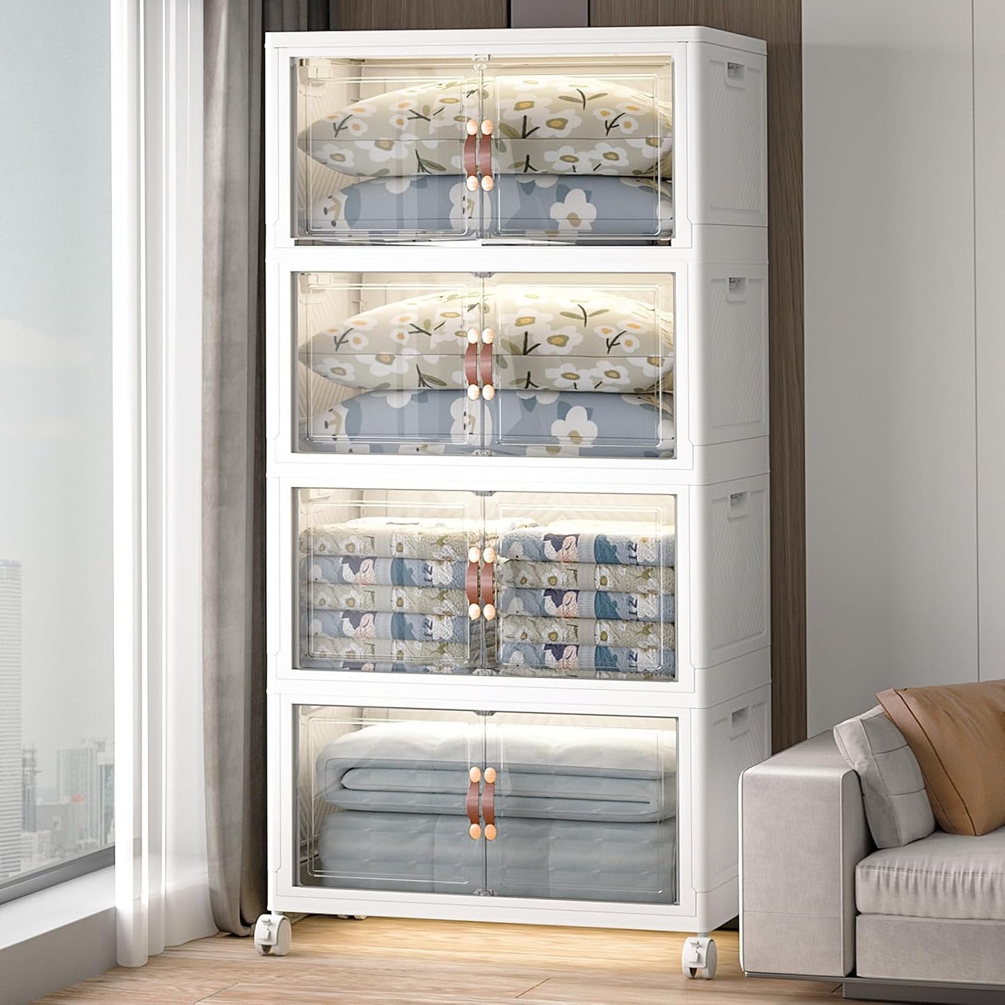 Extra Large Stackable Storage Bins with Lids & Wheels & Door, 640QT-160QT/40GAL*4Pack Foldable Collapsible Closet Organizers, Plastic Containers Drawers for Bedroom Dorm Garage Sturdy MAX