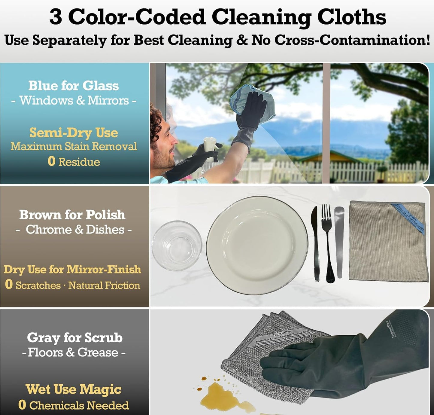 2-Step Glass Cleaning Cloth 3-Pack - Lint-Free Microfiber Towels Polish & Scrub Kit - Water Only Streak-Free for Windows, Cars, Mirrors - Blue, Brown, Gray