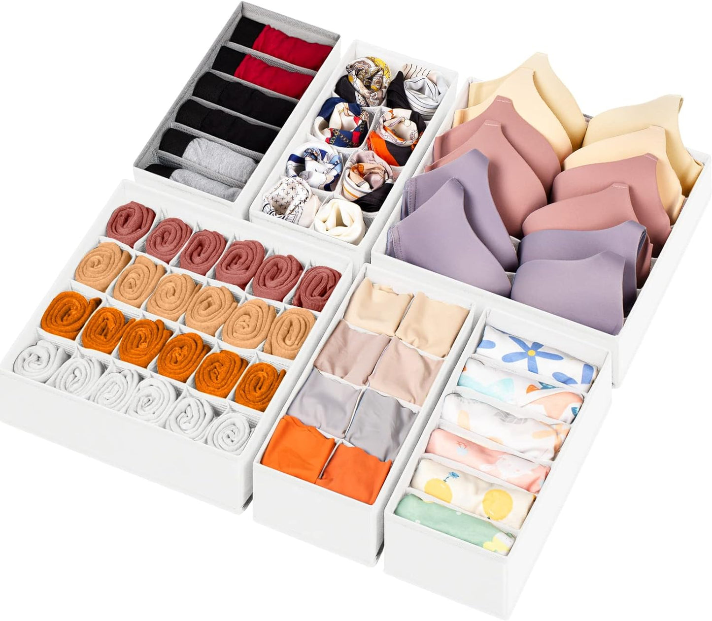 6 Pack Sock Underwear Drawer Organizer Dividers, 58 Cell Foldable Fabric Dresser Closet Organizers and Storage Bins for Clothing, Baby Clothes, Bra, Panty, Scarf, Ties (White)