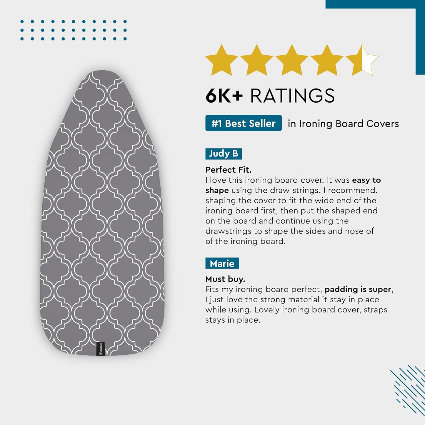 Encasa XO Ironing Board Cover and Pad 49"x18" - Thick 3mm Felt Padding, Drawstring Tightening & Lock, Easy Fit, Scorch & Stain Resistant, Fits Wide Ironing Board - Zig Zag Peri