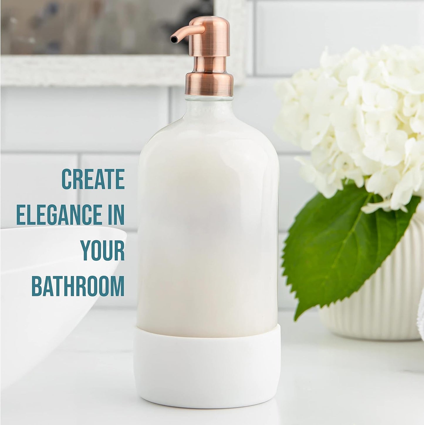 32 oz Glass Pump Bottle Rustproof Stainless Steel Pump, Funnel, and Lids. Modern Farmhouse Vintage Jar, Large Glass Shampoo Bottles with Pump and Laundry Soap Dispenser - Rose Gold