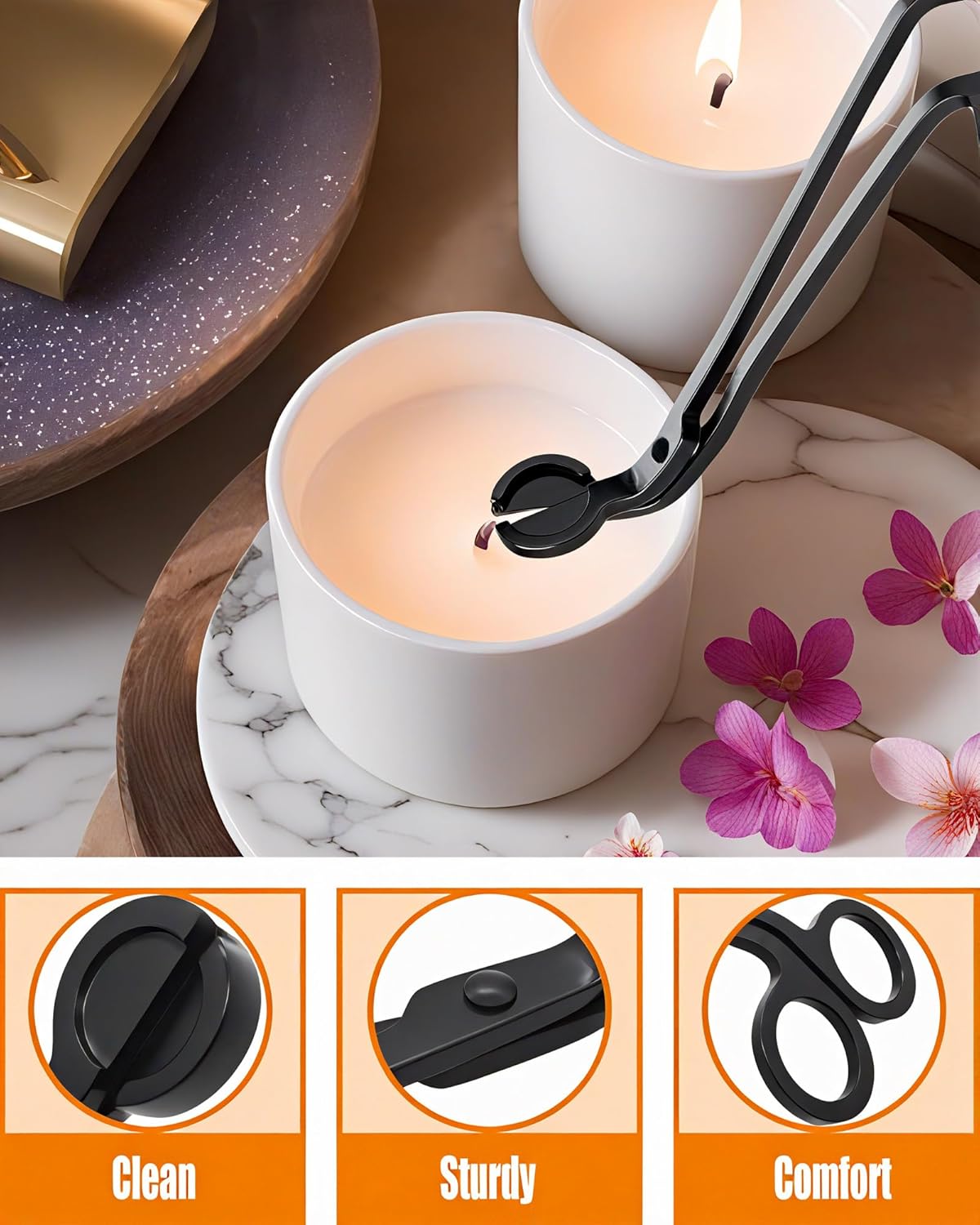 4 in1 Candle Accessory Set with Storage Tray Plate, Candle Wick Trimmer, Candle Wick Snuffer, Candle Wick Dipper, Great for Scented Candles Lovers (Matte Black)