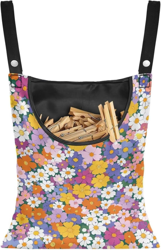 2 Pcs Pin Bag, Hippie Flower Print Hanging Bag with Large Opening Washable Clothes Pin Hanging Bag Easy to Use Storage Clothes Pins & Wooden Clothespins for Outdoor