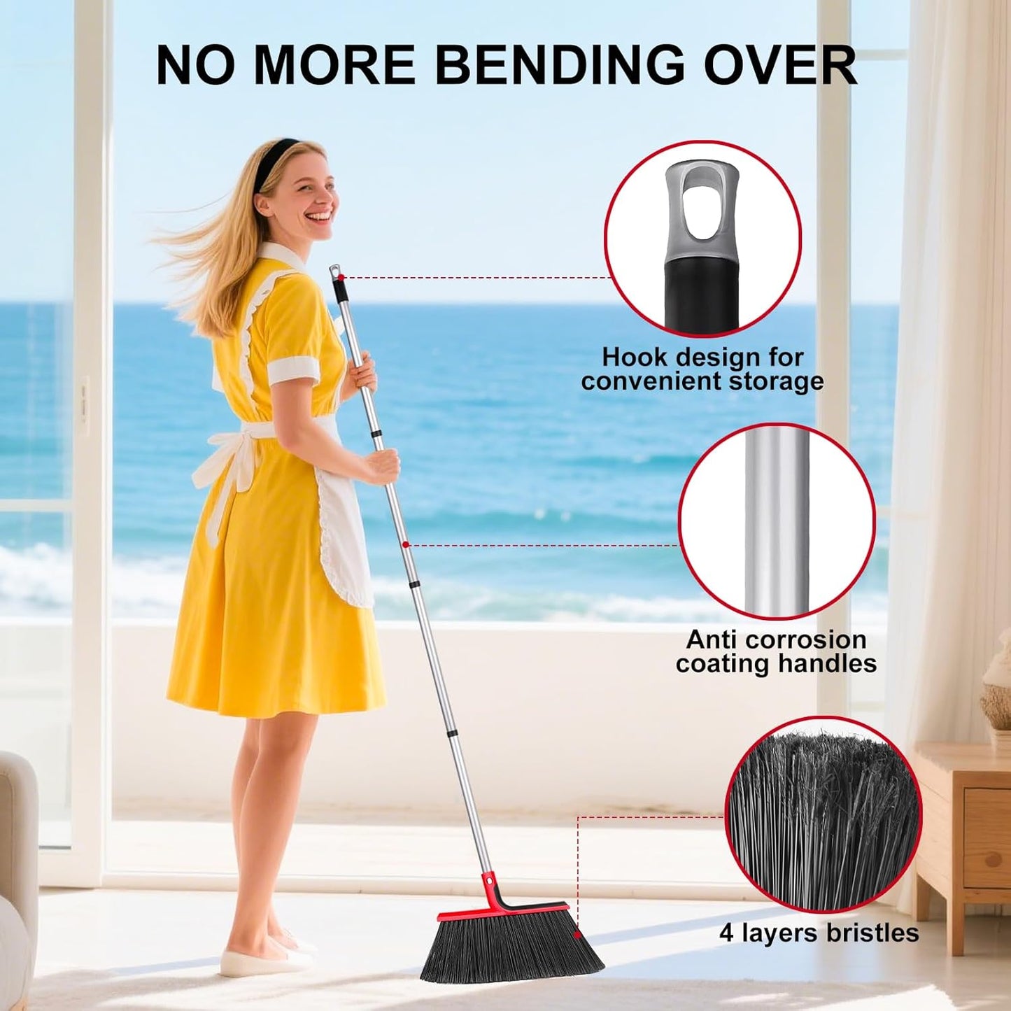 Angle Broom with 58″ Long Handle – 14″ Wide Stiff Bristles for Indoor & Outdoor Sweeping, Garage, Patio, Deck, Courtyard, Concrete, Leaves & Debris Removal