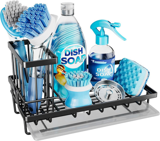 Consumest Sink Caddy, Kitchen Sponge Holder with Dish Brush Holder, Kitchen Sink Organizer with Drip Tray for Countertop Stainless Steel Rustproof, Black-Large