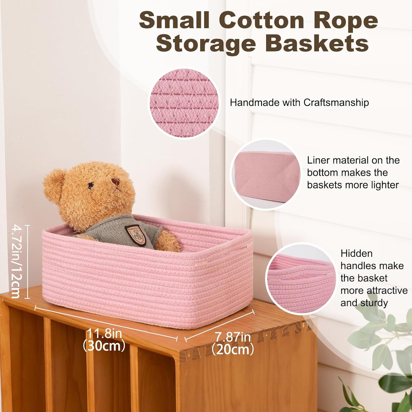 3 Pack Small Storage Baskets for Organizing, Cute Woven Decorative Gift Baskets for Shelves, Mini Closet Organizer Bins with Handles, 11.81''Lx7.87''Wx4.72''H-Pink
