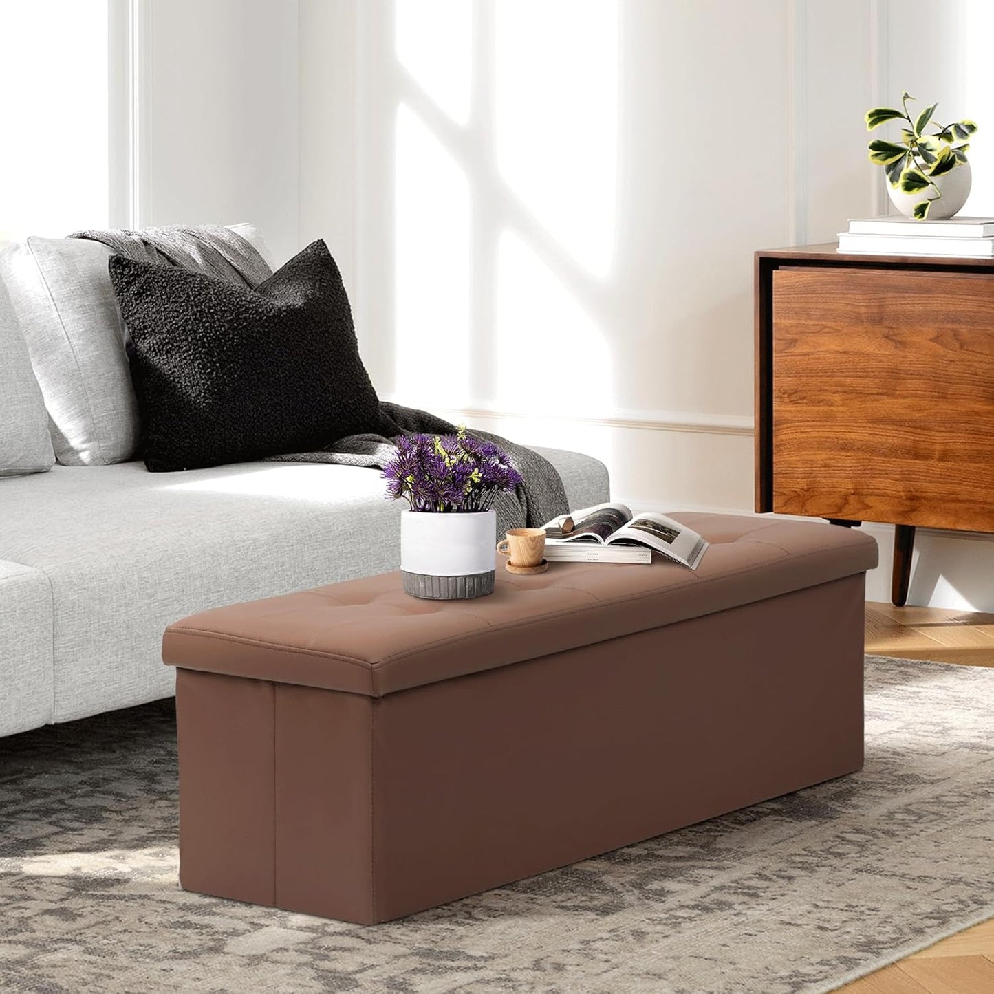 Athena Collection 43" Storage Ottoman Bench Folding Bench with 130L Hidden Storage, Large End of Bed Bench PU Leather Foot Rest Stool Chest with Flipping Lid for Living Room, Bedroom, Entryway, Brown