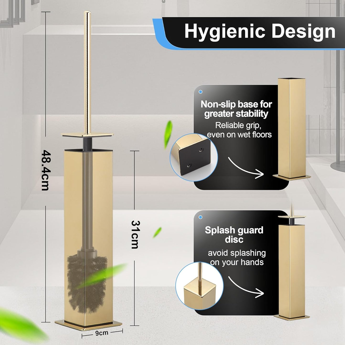 BVL Toilet Brush and Holder Set Gold Stainless Steel 304 Square Freestanding Toilet Brush for Bathroom