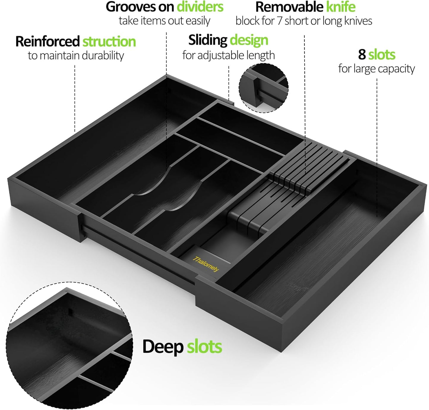Bamboo Kitchen Drawer Organizer, Expandable Utensil Organizer with Removable Knife Block, Cutlery Tray Holder with Divider, Adjustable Silverware Organizer, Black