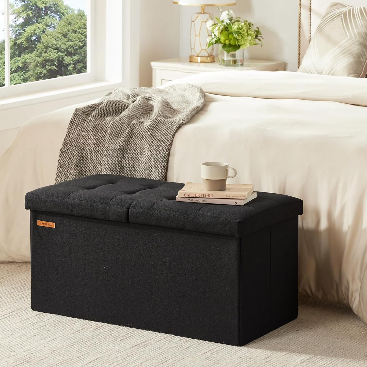 HAUSFRAU - 30 Inches Storage Ottoman Bench with Flipping Lid, Foldable Storage Chest Foot Rest for Living Room, Bedroom, Entryway, Load 660 lb, Linen Black