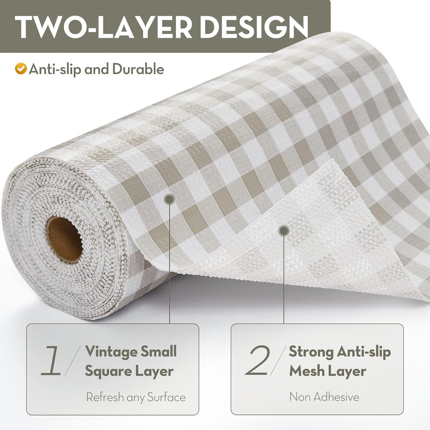 Drawer Shelf Liner for Kitchen Cabinet Liner Non-Adhesive Non-Slip Shelf Thick Strong Grip Waterproof Contact Paper Easy to Clean for Shelves,Green Plaid,17.5IN X 10FT