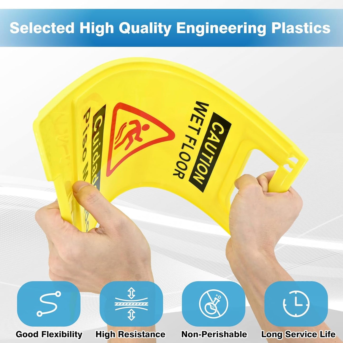 4-Pack Caution Wet Floor Sign, 17.5" Height, Bright Yellow, Double-Sided A-Shaped Frame Design, Bilingual Caution Message