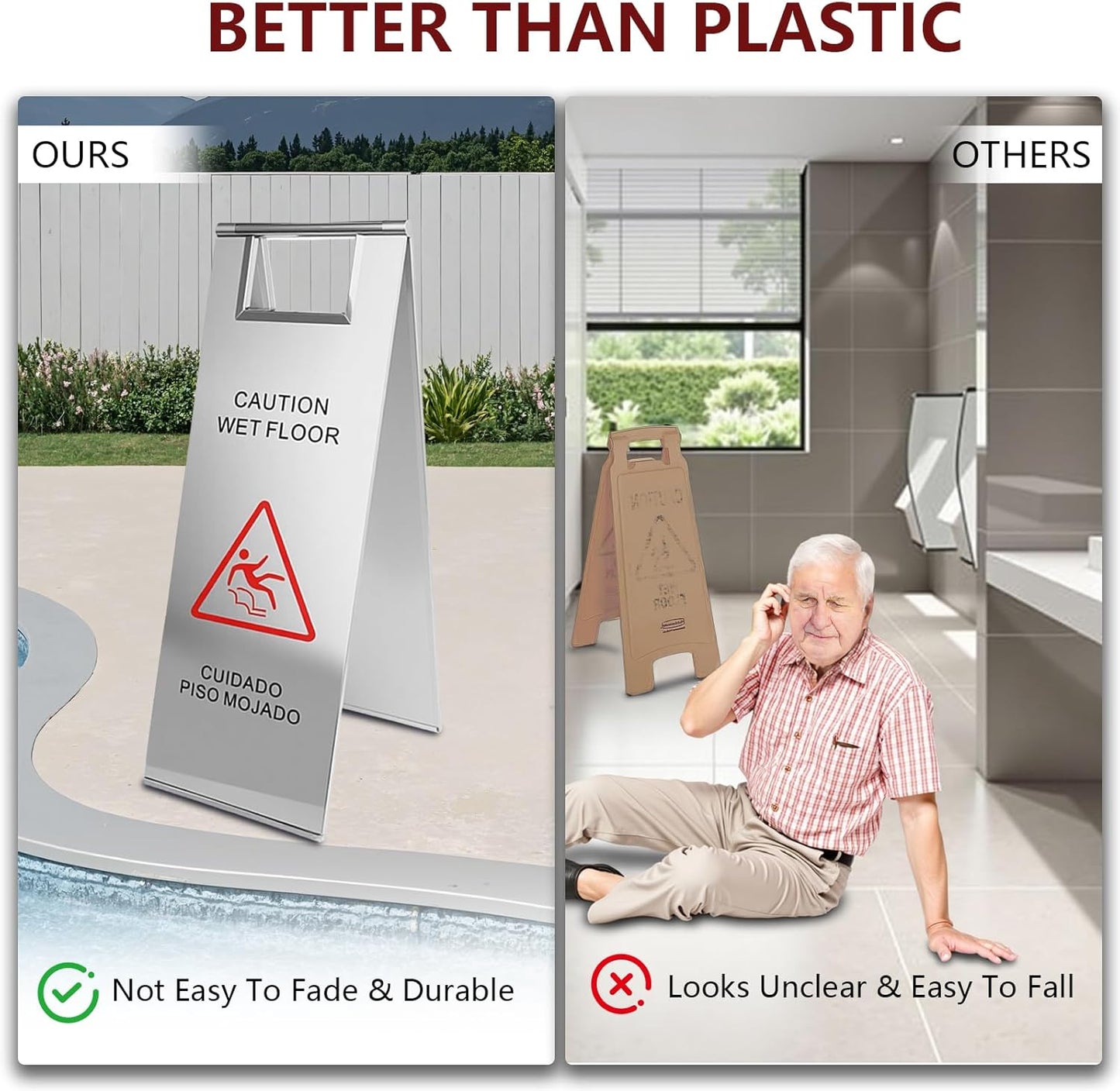 4 Pcs Stainless Steel Wet Floor Caution Sign, 24 Inch Portable Handle Bilingual Signaboard, Commercial Use Foldable Wet Floor Sign for Kitchen, Restaurant, Shop, Silver