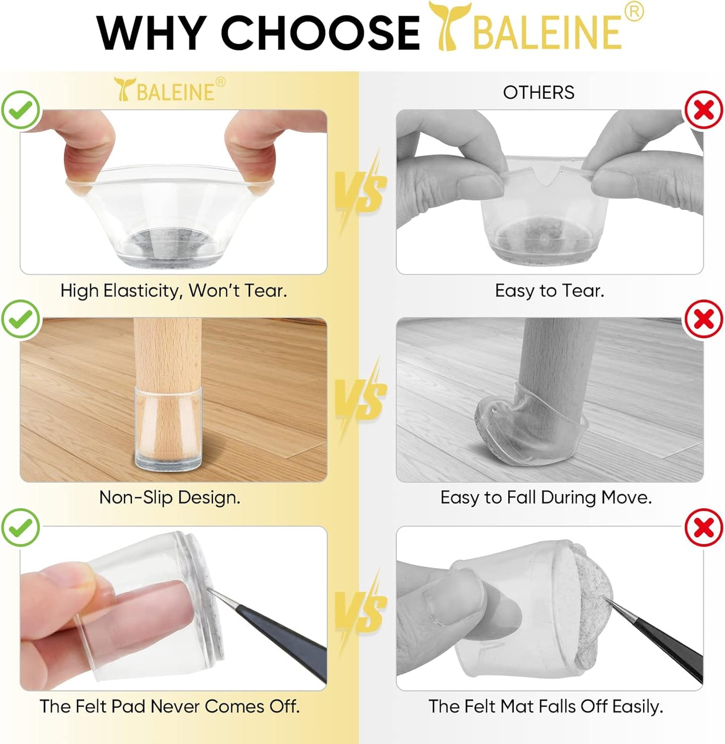 BALEINE 16 Pack Silicone Chair Leg Floor Protectors, Stool Leg Protectors Cap, Non-Slip Chair Leg Caps for Hardwood Floors (Clear, X-Large, 16 Pack)