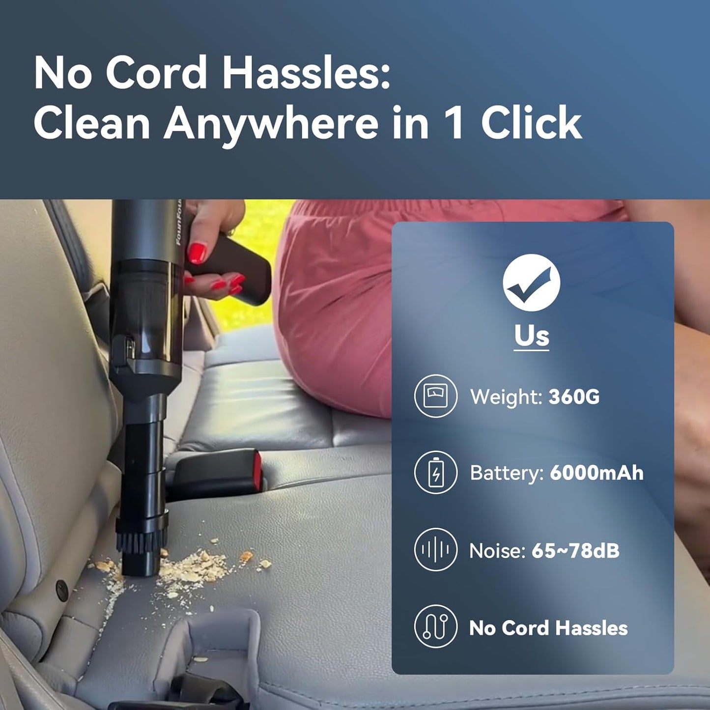 FOUNFOUN Handheld Vacuum Cordless, Portable Car Vacuum, High Power Cleaner for Pet Hair/Car/Home, Suction & Blow 2 in 1, 17-30 Min Run Time, Small Lightweight Gadget, Type-C Rechargeable