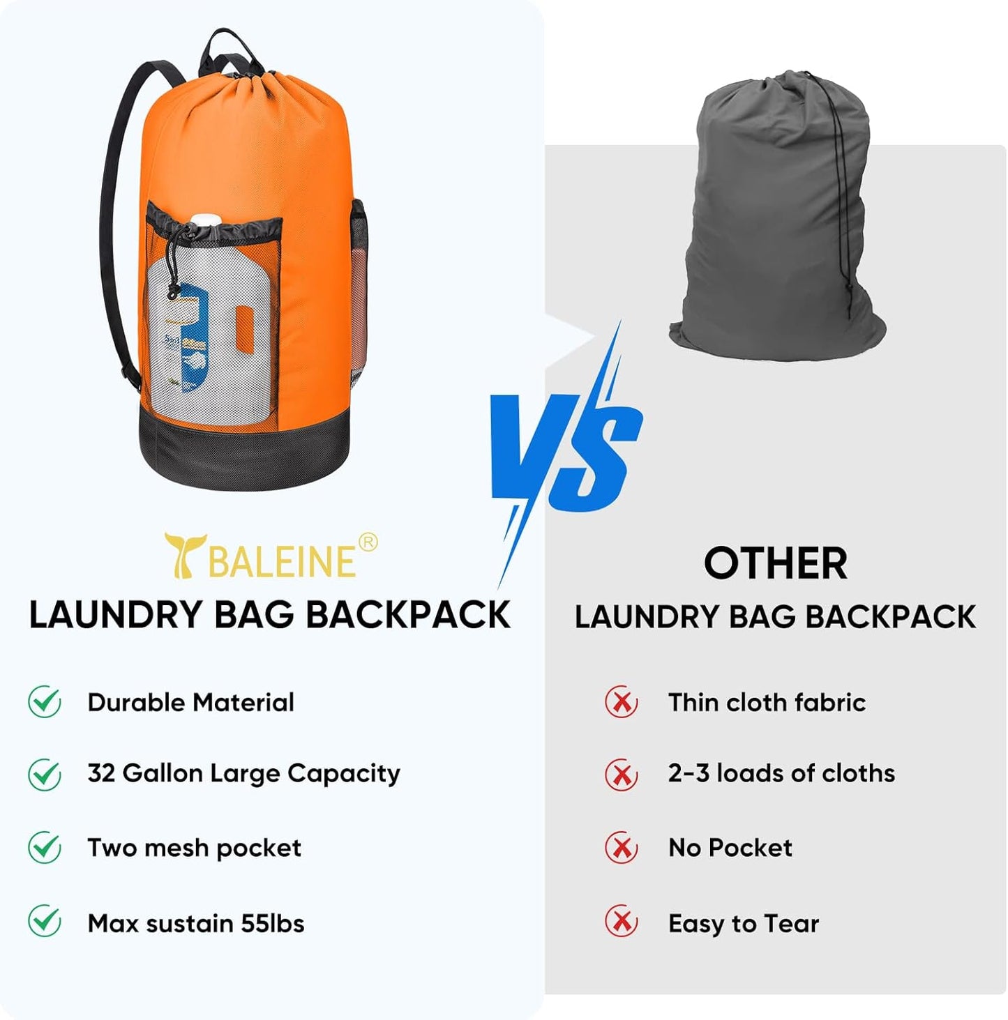 BALEINE 150L Laundry Bag Backpack, 900D Oxford Fabric Large Travel Laundry Bags with Shoulder Straps and 2 Mesh Pockets for College Dorm, Apartment, Laundromat (Orange, 150L)